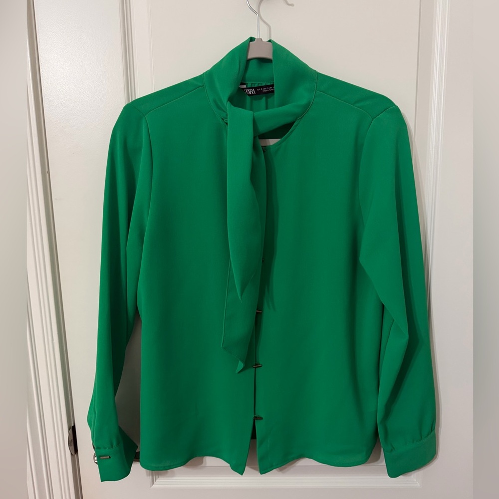 Zara Vibrant Green Tie-Neck Blouse - New Size S